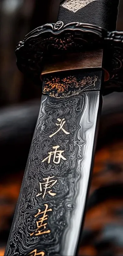 Close-up of an intricately designed Japanese sword blade.