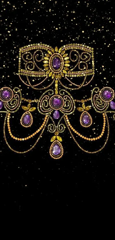Intricate jewel design with gold and purple on black background.