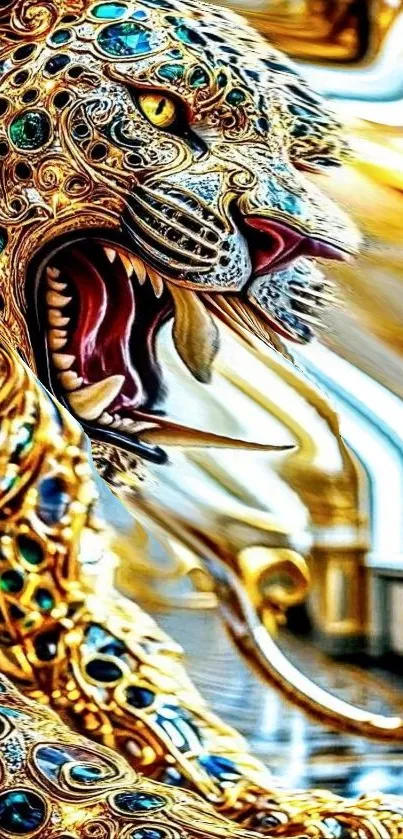 Jeweled leopard artwork with gold and vibrant colors.