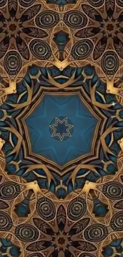 Intricate kaleidoscope pattern in blue and gold.