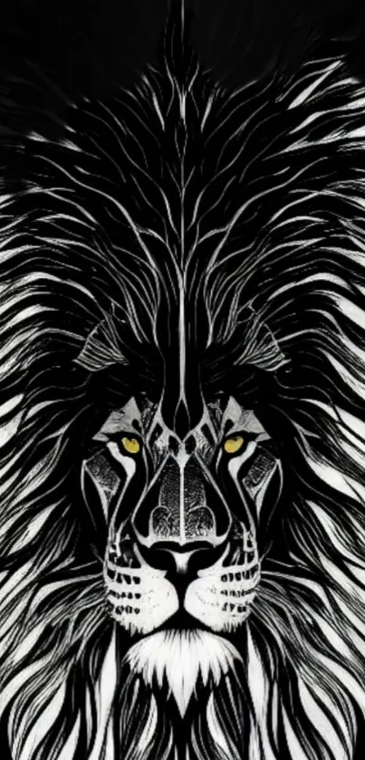 Intricate monochrome lion artwork with vibrant yellow eyes.