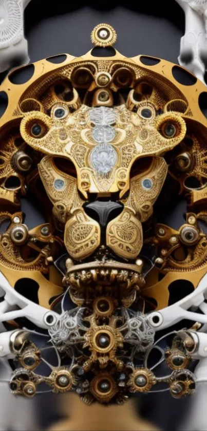 Intricate cyberpunk lion with steampunk gears in gold and white on wallpaper.