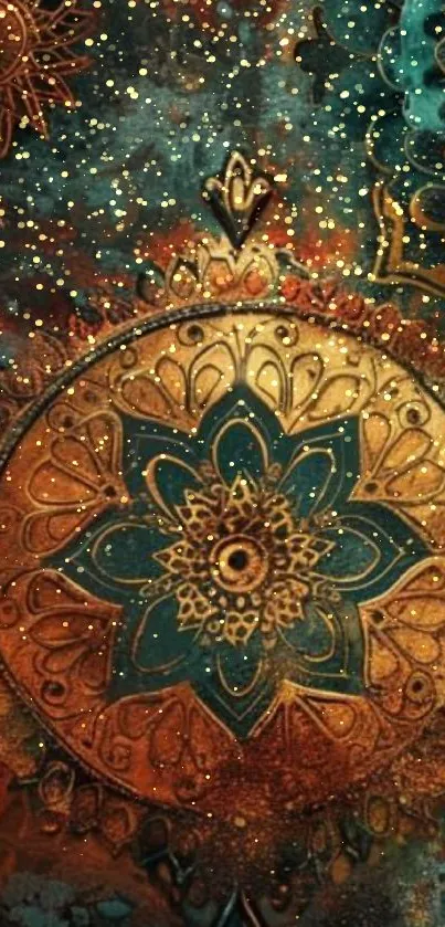 Intricate gold mandala on teal background, celestial style.