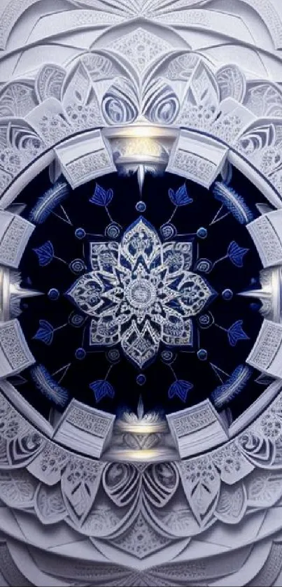 Intricate white and blue mandala wallpaper design.