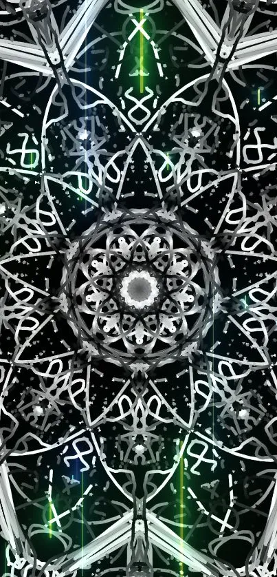 Intricate monochrome mandala pattern on a black background.