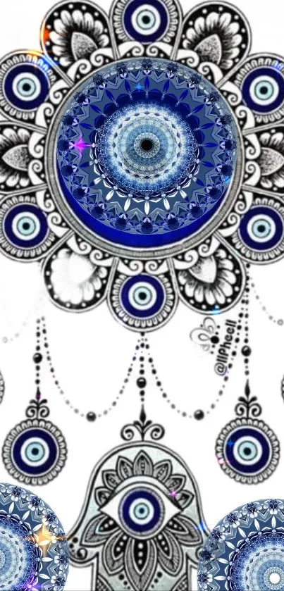 Intricate blue mandala design wallpaper with detailed patterns.