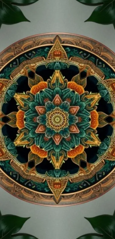 Mandala design with green and orange accents on a phone wallpaper.