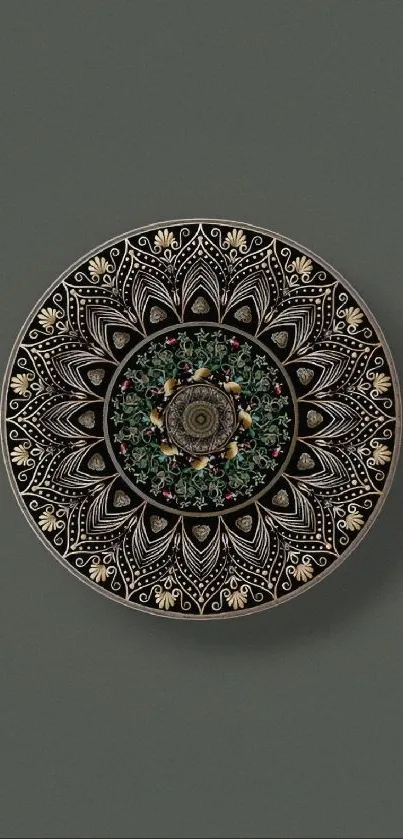 Intricate mandala design on a dark green mobile wallpaper.