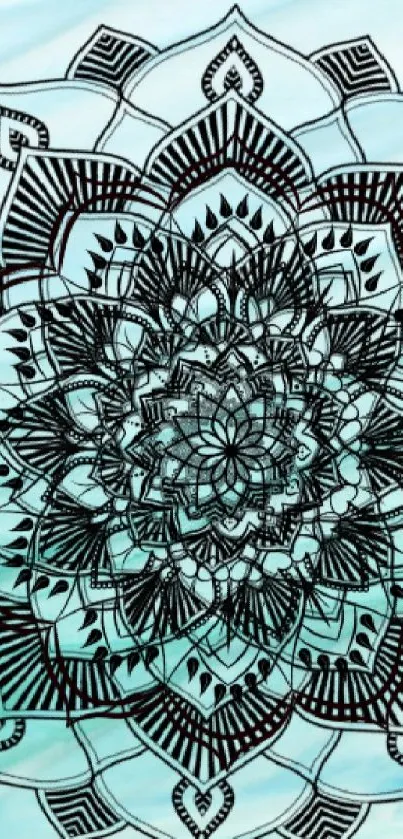 Intricate black mandala on light blue wavy background.