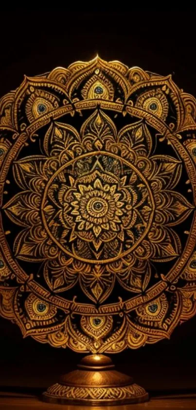 Intricate gold mandala pattern on a dark background.