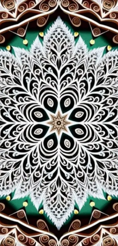 Intricate mandala pattern with black, white, and teal colors on a phone wallpaper.