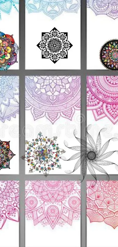 Colorful mandala designs on phone wallpaper, showcasing intricate patterns.