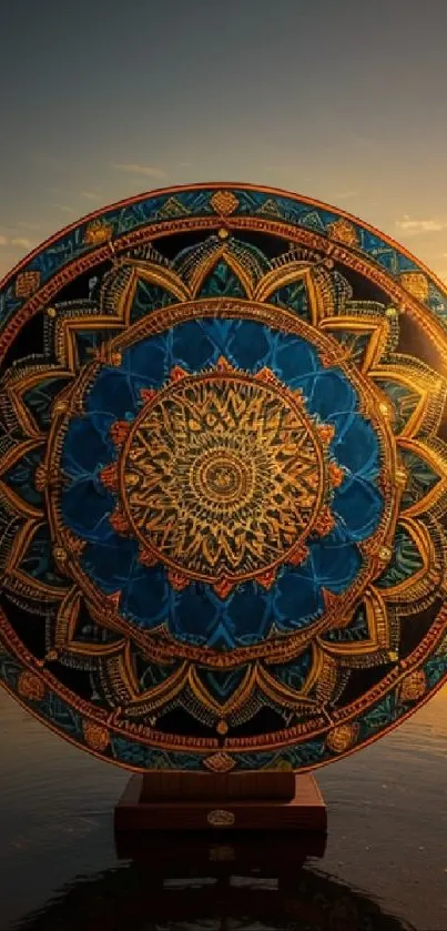 Intricate mandala art against a serene sunset background.