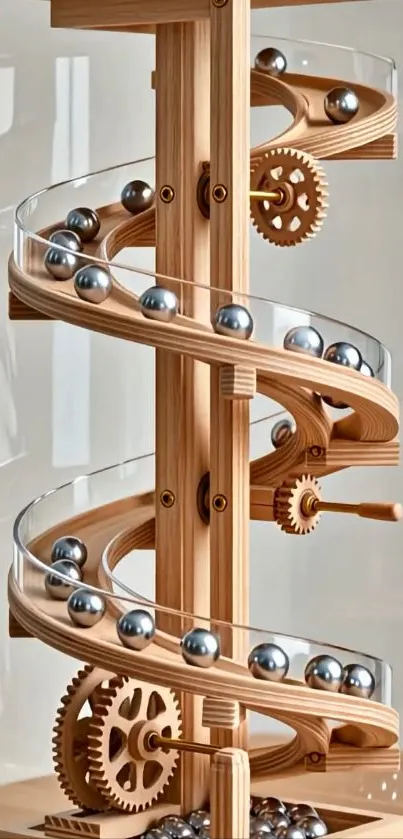 Wooden marble machine with gears and balls.