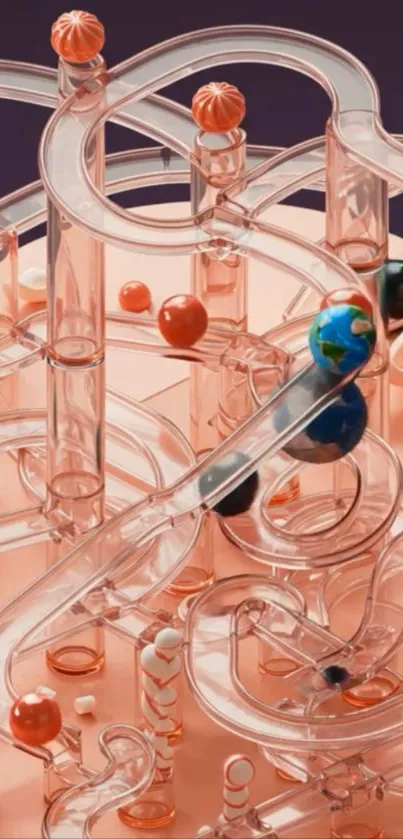 Intricate marble run with colorful pathways and marbles.