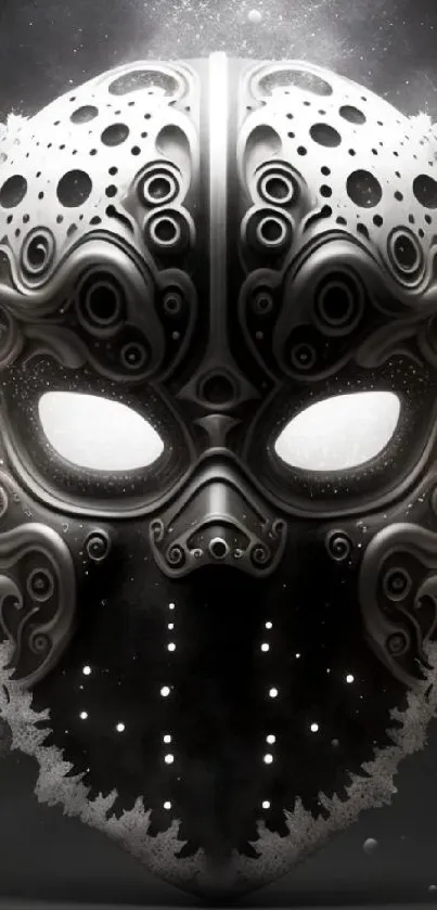 A detailed monochrome mask design in digital art for mobile wallpaper.