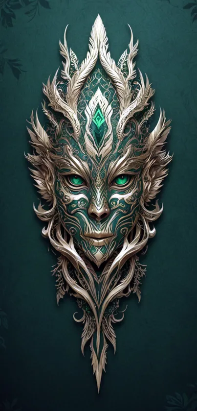 Intricate emerald mask with teal background on a mobile wallpaper.