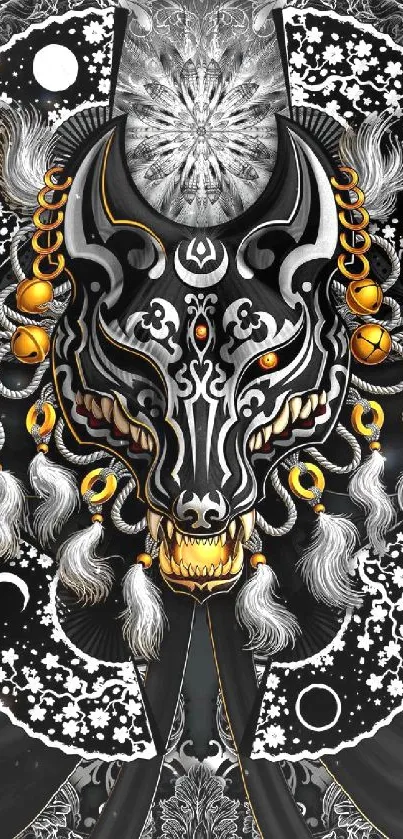 Intricate black and gold mask design wallpaper for mobile.