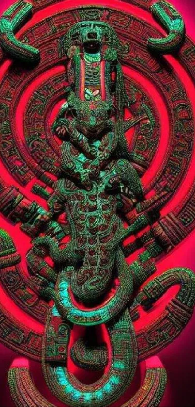 Intricate Mayan art with vibrant red and green hues on a phone wallpaper.