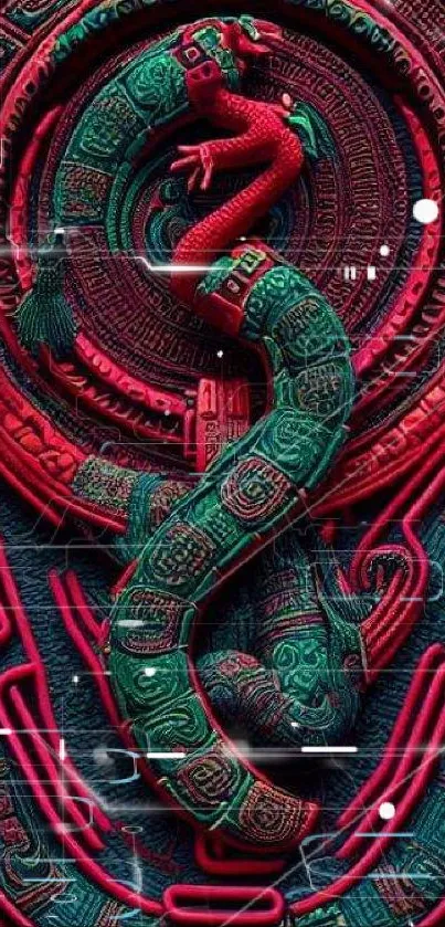 Intricate teal and crimson Mayan serpent design for mobile wallpaper.