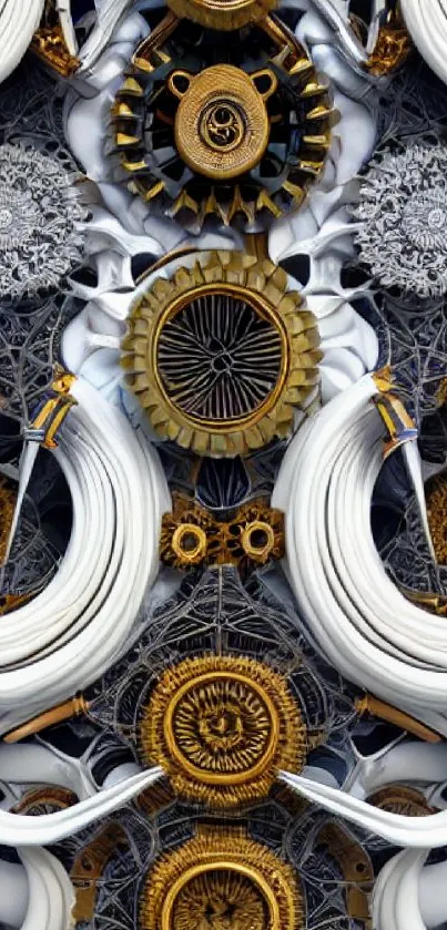 Intricate abstract wallpaper with gold gears and white curves.