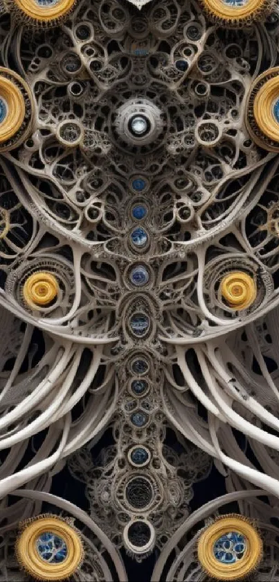 Intricate steampunk mechanical art design with circular motifs and gears.