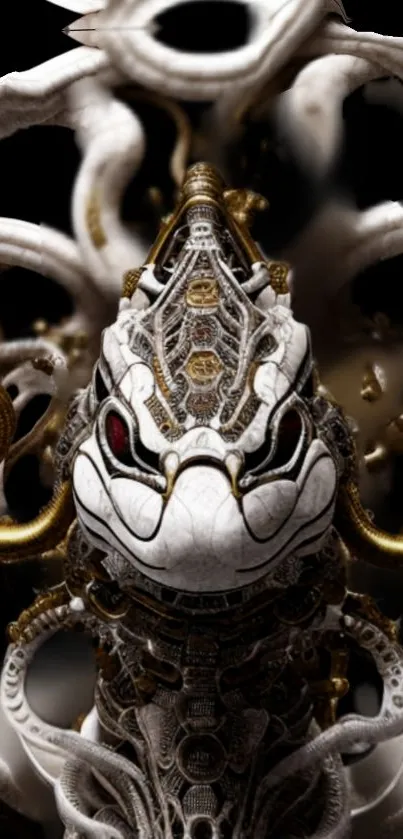 Intricate mechanical art design with gold and white details in this mobile wallpaper.