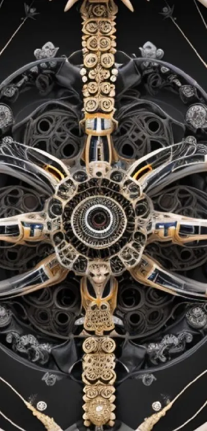 Intricate mechanical art with symmetrical pattern and organic elements.