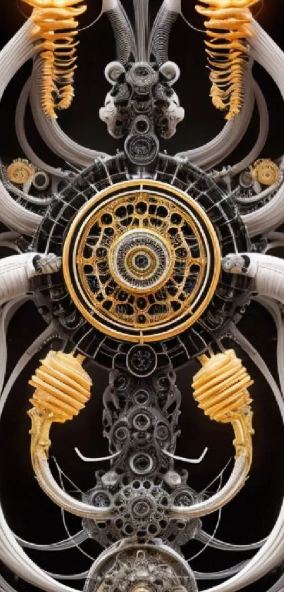 Intricate mechanical art design with gold elements on a dark background.