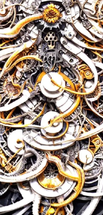 Intricate mechanical art with gears and swirls in gold and silver tones.