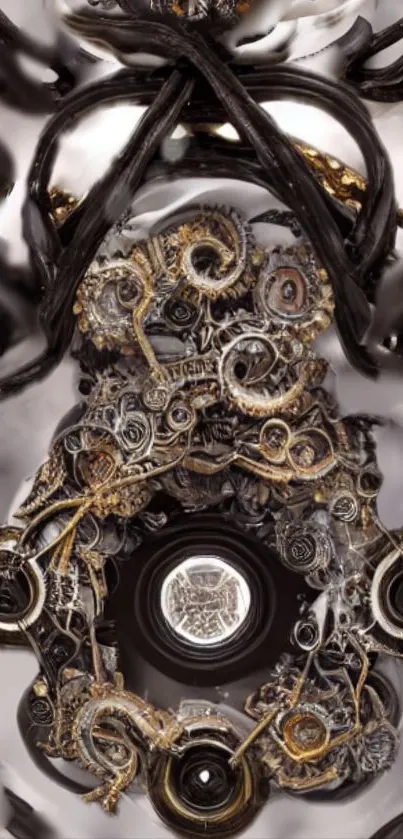 Intricate black and gold mechanical abstract wallpaper.