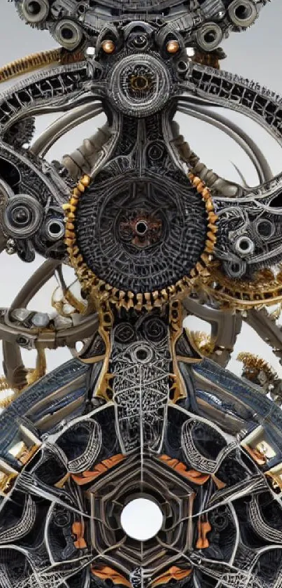 Intricate mechanical design with gears and abstract metal structures in gray tones.