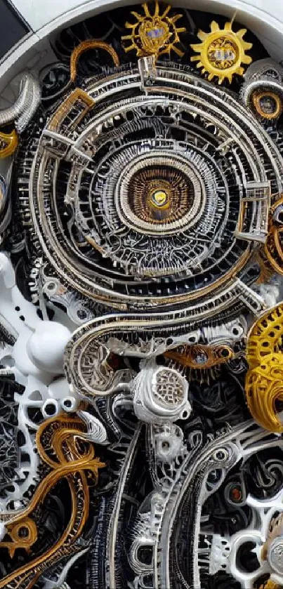 Intricate mechanical design with gears in black and gold hues for mobile wallpaper.