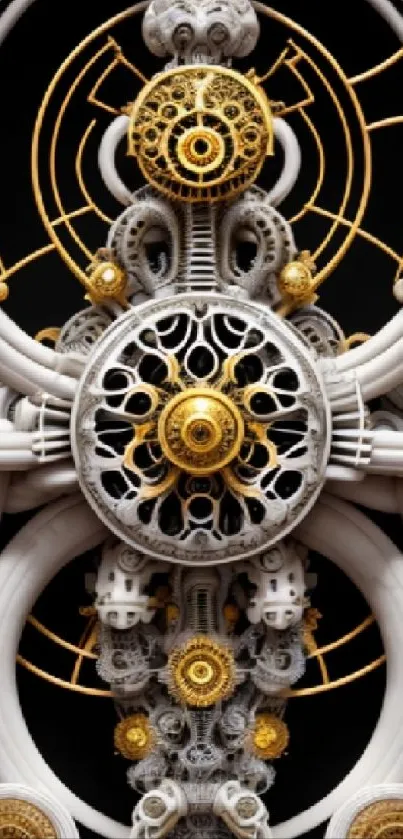 Intricate mechanical design with gold and gray elements.