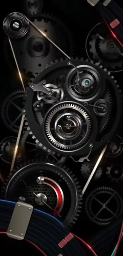 Intricate black and metallic mechanical gears on a dark mobile wallpaper.