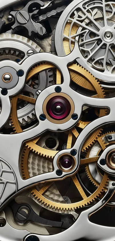 Intricate close-up of mechanical gears in silver and gold design.