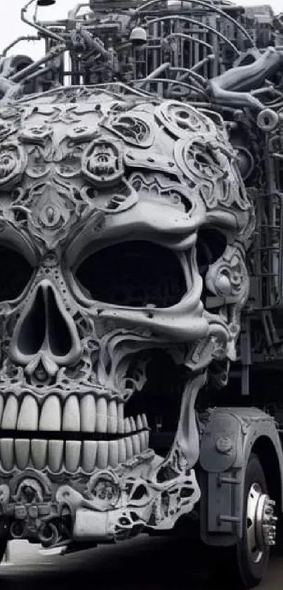 Intricately designed mechanical skull truck in an urban setting.