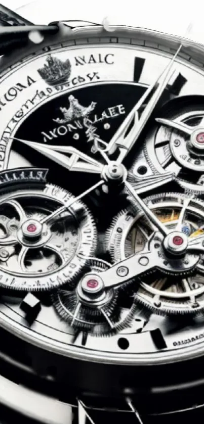 Close-up of a detailed mechanical watch face with visible gears and sleek design.