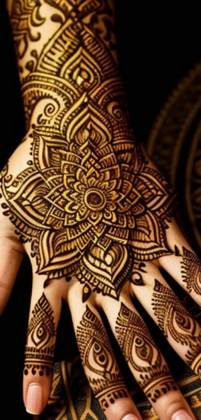 Intricate mehndi design on a hand with detailed henna patterns.