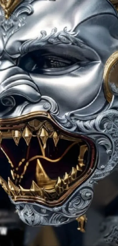 Detailed metallic beast mask with gold accents on a mobile wallpaper.