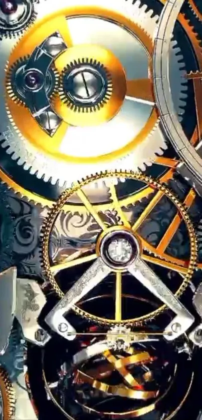 Intricate design of metallic gears with gold accents.