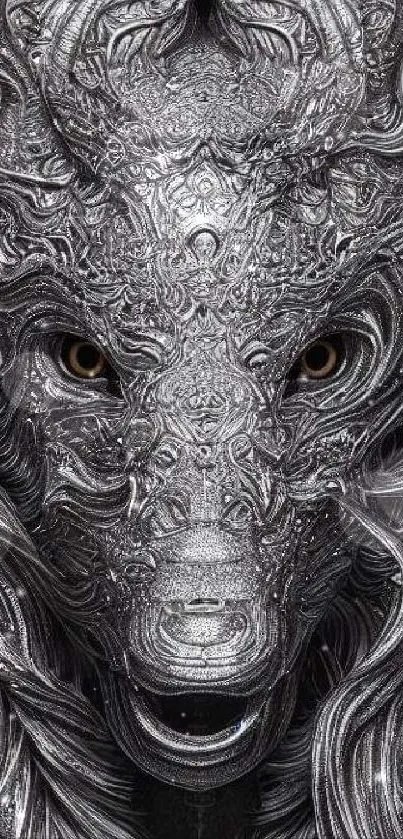 Intricate metallic design of a wolf-themed mobile wallpaper with silver tones.