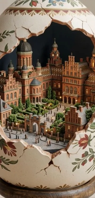 Intricate miniature city inside a decorative egg with floral patterns.