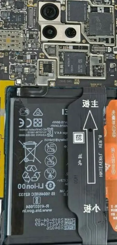 Detailed view of mobile phone circuitry with battery and chip layout.