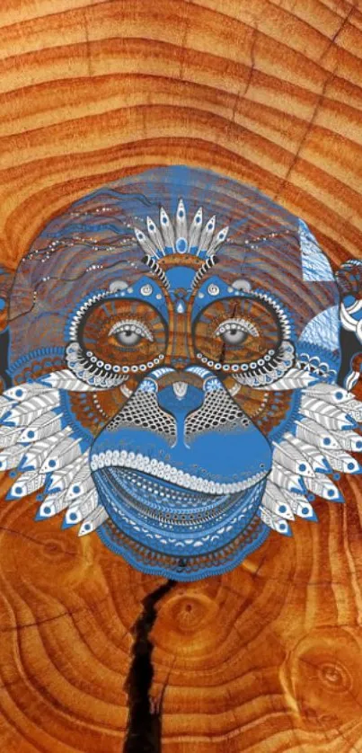 Intricate blue monkey design on orange-brown wood texture.