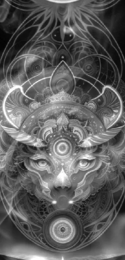 Intricate black and white animal face design on a celestial-themed wallpaper.