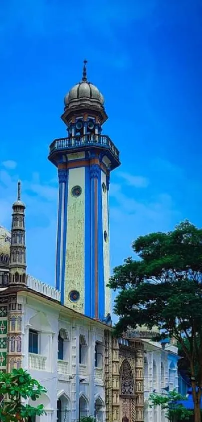 Intricate mosque with blue sky background mobile wallpaper.