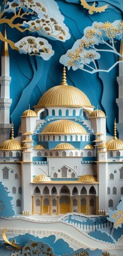 Intricate mosque art with gold domes on blue background.