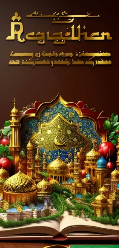 Intricate mosque design with golden domes and lush greenery on a mobile wallpaper.