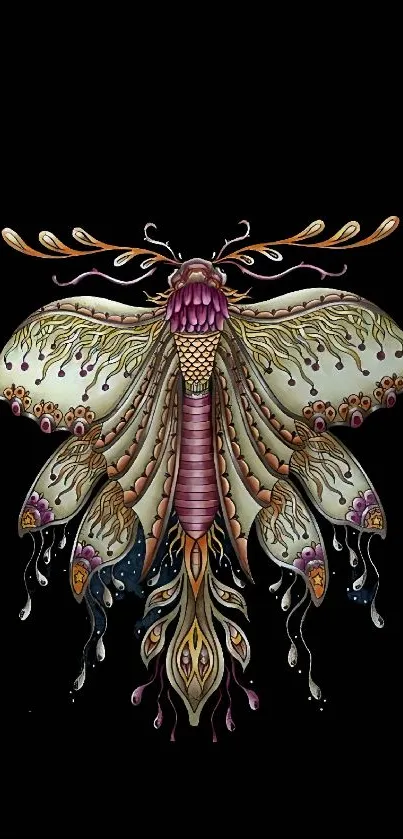 Intricate moth design on black background wallpaper.